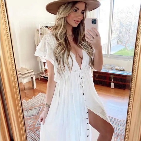 #30 Gorgeous White Bohemian Button Down Vacation Flowy Ruffled Resort Maxi Dress - Picture 8 of 10